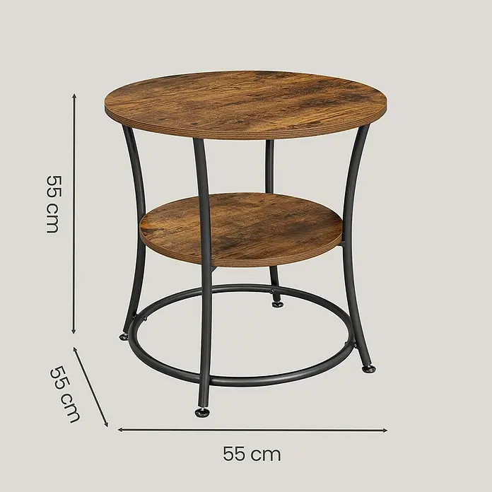 Beistelltisch - Ø x H: 55 x 55 cm, Schwarz/Braun - Zweistöckiger runder Beistelltisch mit dunklen Holzplatten und schwarzem Metallgestell, 55 cm hoch und 55 cm Durchmesser.