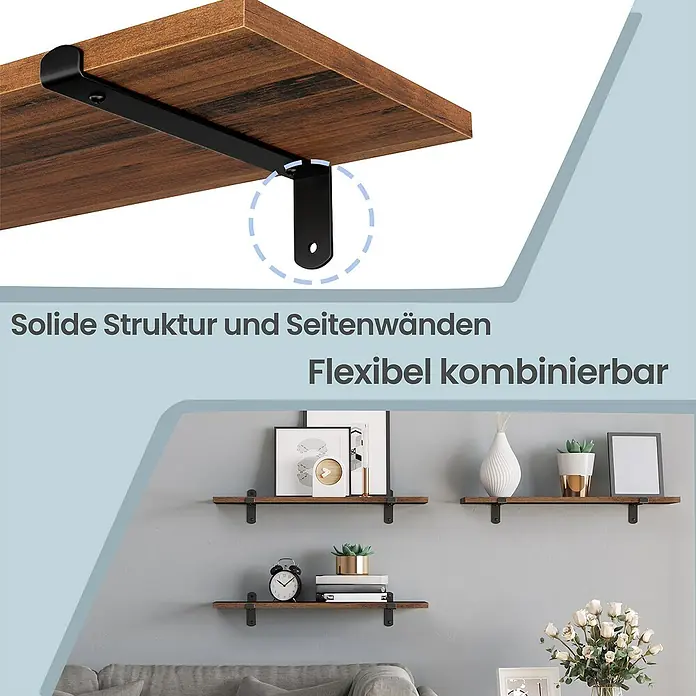 Wandregal-Set - B x T x H: 60 x 20 x 7 cm, Braun/Schwarz, 2 -tlg. - Rustikale braune Holz-Wandregale mit schwarzen Metallhalterungen, in einem Wohnzimmer arrangiert.