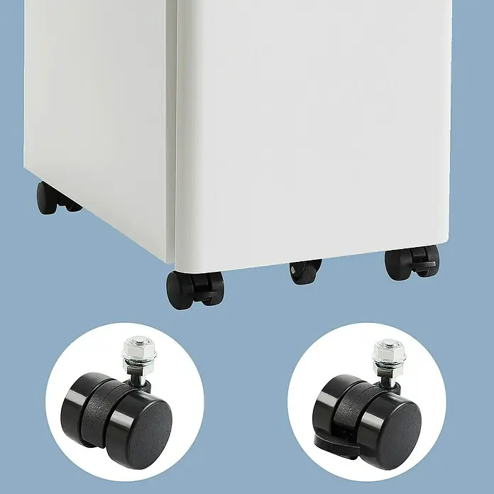 Rollcontainer - L x B x H: 46 x 30 x 59,2 cm, Weiß, Anzahl Schubladen: 3 Stk. - Weißer Rollcontainer auf schwarzen Lenkrollen. Nahaufnahmen zeigen die schwarzen Rollen mit Doppelrädern und Gewindestift, eine mit Bremshebel.