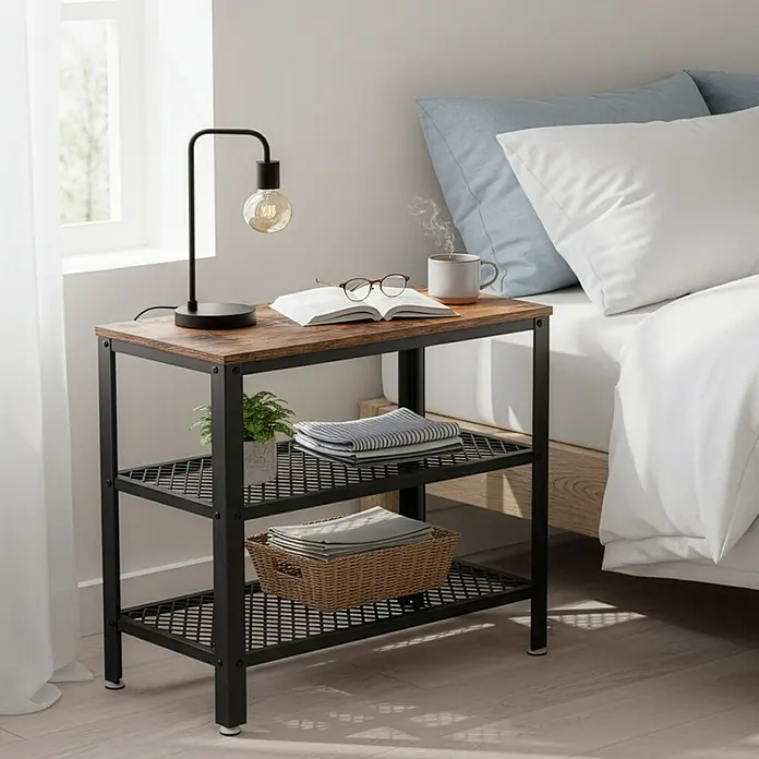 Beistelltisch - L x B x H: 30 x 60 x 60 cm, Anzahl Böden: 2 Stk. - Industrieller Nachttisch mit rustikaler Holzplatte und schwarzem Metallrahmen, neben einem Bett, mit Gegenständen oben und in Regalen.