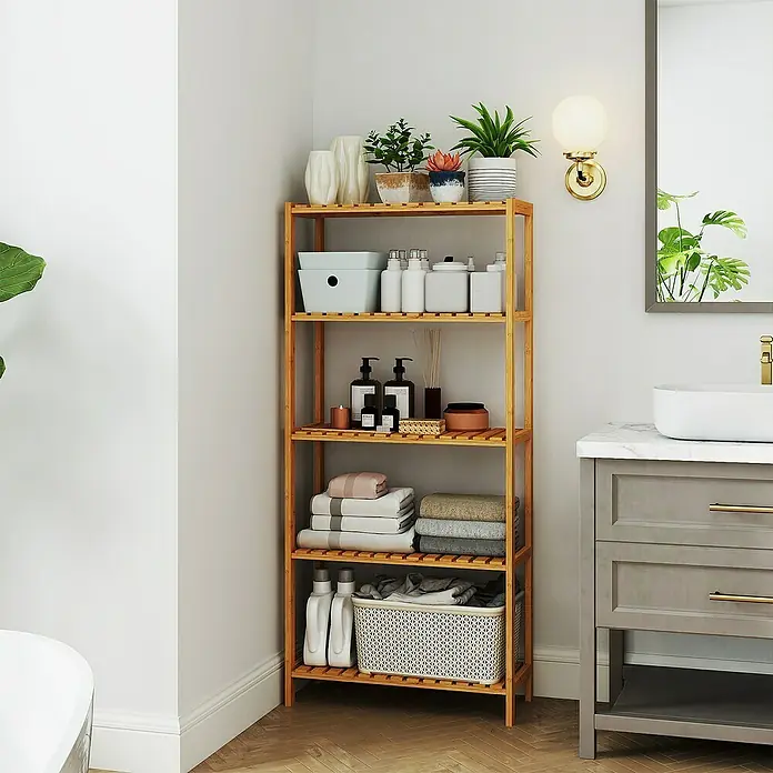 Holzregal - H x B x T: 130 x 60 x 26 cm, Traglast pro Boden: 10 kg, Anzahl Böden: 5 Stk., Braun - Fünfstufiges Bambusregal für das Badezimmer, zur Aufbewahrung von Handtüchern, Pflanzen und Toilettenartikeln.