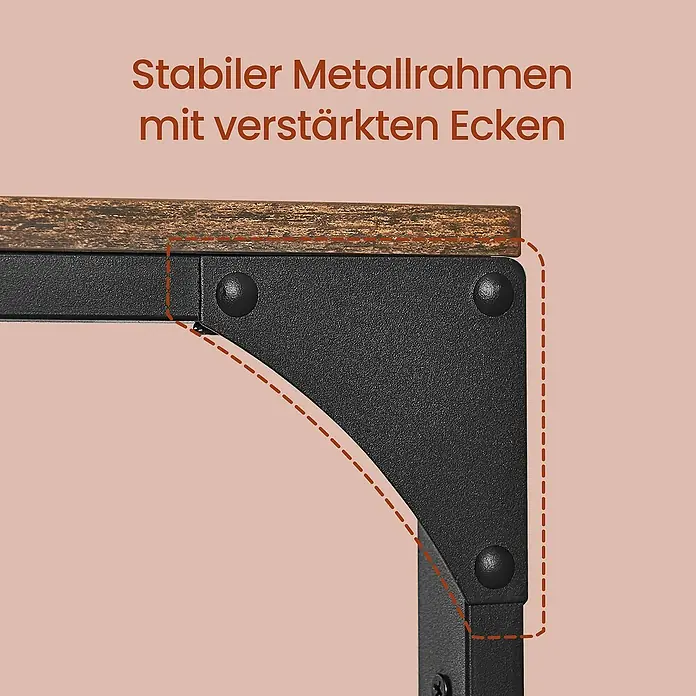 Garderobenpaneel - L x B x H: 30 x 80 x 42 cm, Schwarz/Braun - Nahaufnahme einer dunkelbraunen Holzplatte auf einem schwarzen Metallrahmen mit verstärkten Ecken, was die Stabilität hervorhebt.