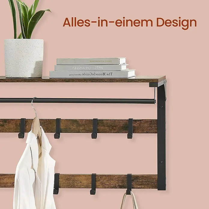 Garderobenpaneel - L x B x H: 30 x 80 x 42 cm, Schwarz/Braun - Wandgarderobe mit Regal in dunkler Holzoptik und schwarzem Metallrahmen, mit Ablage, Kleiderstange und mehreren Haken.