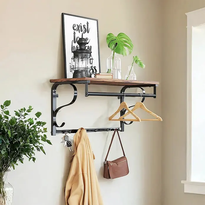 Garderobenpaneel - L x B x H: 30 x 60 x 31,7 cm, Schwarz/Braun - Wandgarderobe aus dunklem Holz und schwarzem Metall mit Ablage, für Jacken, Schlüssel, Taschen und Dekoartikel.
