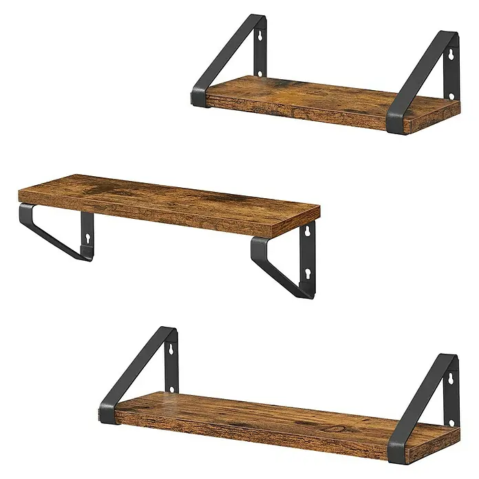 Wandregal-Set - Braun/Schwarz, 3 -tlg. - Drei rustikale Holz-Wandregale mit schwarzen Metallhalterungen.