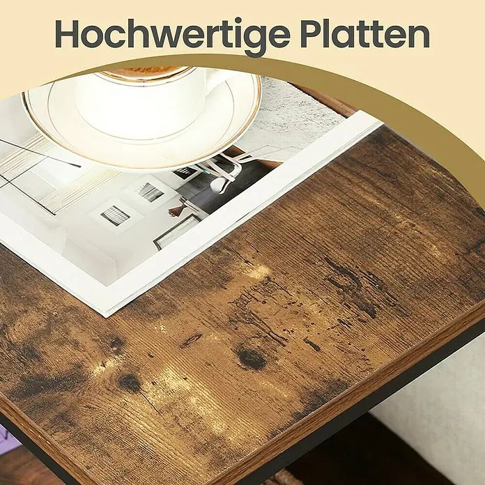 Beistelltisch - L x B x H: 30 x 60 x 60 cm, Anzahl Böden: 1 Stk. - Nahaufnahme einer rustikalen, braunen Tischplatte in Holzoptik, auf der ein Buch und eine Kaffeetasse liegen.