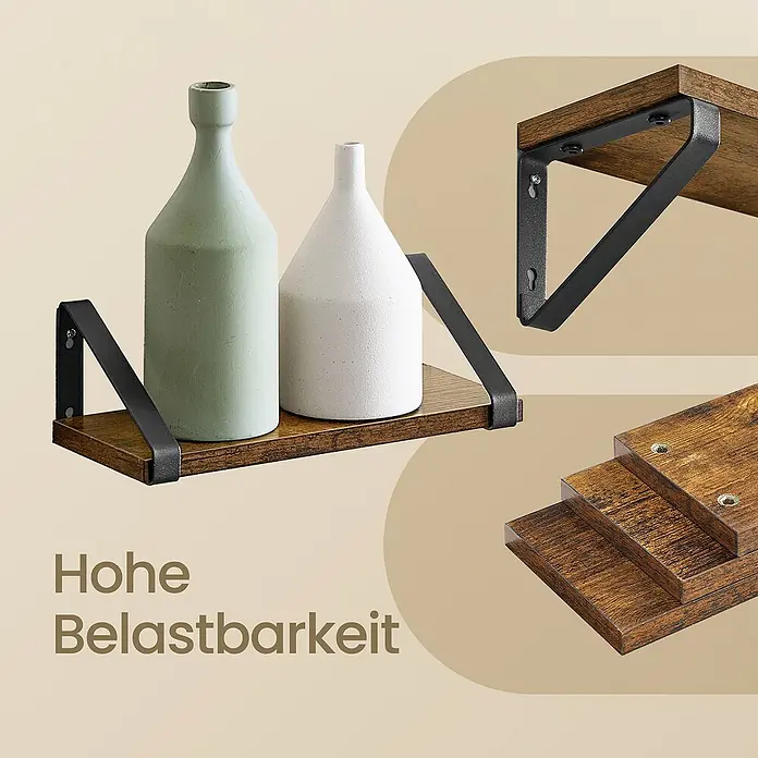 Wandregal-Set - Braun/Schwarz, 3 -tlg. - Braunes Holz-Wandregal mit schwarzen Metallhalterungen, dekoriert mit Vasen. Details zeigen die hohe Belastbarkeit der Konstruktion.
