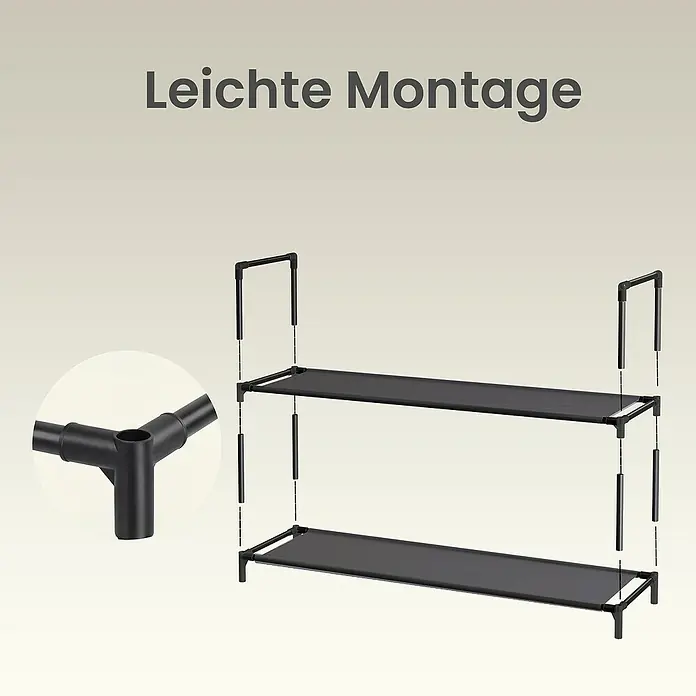 Schuhregal - L x B x H: 28 x 45 x 173 cm, Schwarz - Modulares, zweistufiges schwarzes Lagerregal mit Stoffböden, Nahaufnahme eines Verbindungsstücks für einfache Montage.