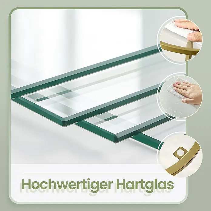 Eckregal - H x B x T: 158 x 28 x 28 cm, Gold - Klare ESG-Glasplatten mit grünen Kanten, die einfache Reinigung und einen Metallbeschlag zeigen.