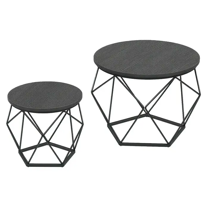 Couchtisch Set - Grau/Schwarz, 2 -tlg. - Zwei dunkelgraue runde Beistelltische mit gerippten Platten und schwarzen geometrischen Metallfüßen.