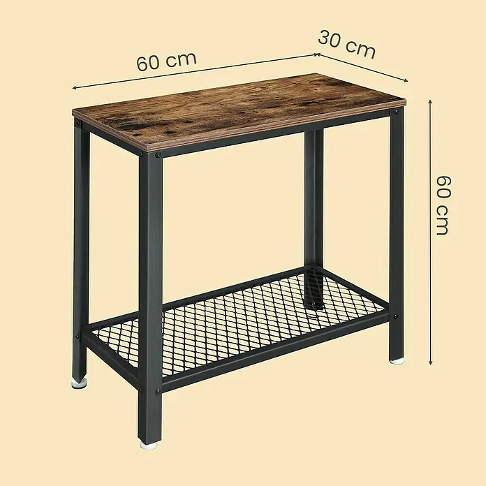 Beistelltisch - L x B x H: 30 x 60 x 60 cm, Anzahl Böden: 1 Stk. - Rustikaler Beistelltisch mit brauner Holzplatte, schwarzem Metallgestell und Gitterablage, 60x30x60 cm.