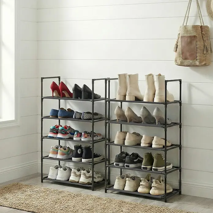 Schuhregal - L x B x H: 28 x 45 x 173 cm, Schwarz - Zwei mehrstöckige Schuhregale aus schwarzem Metall und Stoff, die verschiedene Schuhe in einem Raum zeigen.