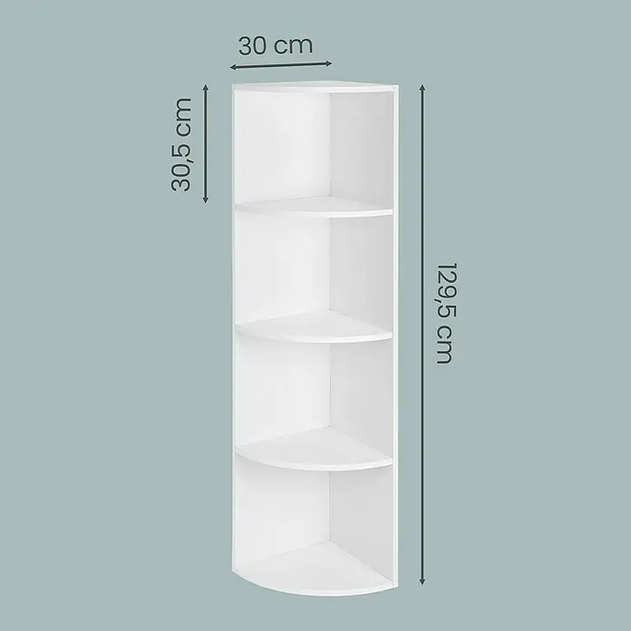 Eckregal - H x B x T: 129,5 x 30 x 30 cm, Weiß - Weißes Eckregal mit 5 Ablagen, 30 cm breit und 129,5 cm hoch.