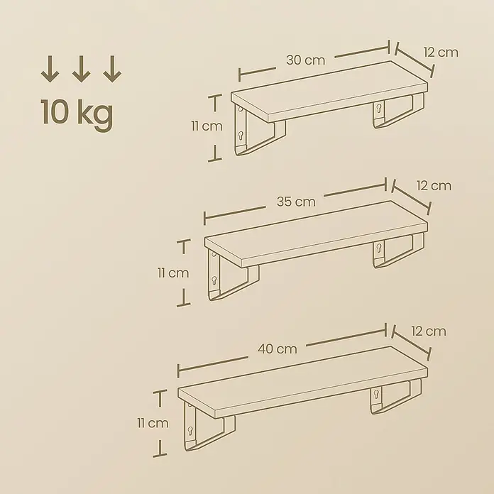 Wandregal-Set - Braun/Schwarz, 3 -tlg. - Drei hellbraune schwebende Regale in 30, 35 und 40 cm Länge, 12 cm tief, mit 10 kg Tragkraft.