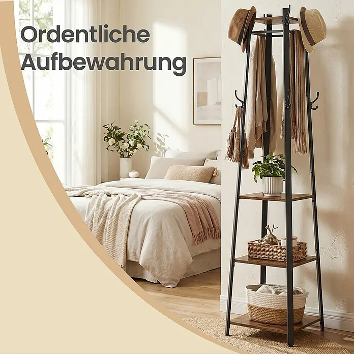 Garderobenständer - L x B x H: 43 x 43 x 180 cm, Schwarz/Braun, Anzahl Haken: 8 Stk. - Schwarze Metall- und Holzgarderobe mit Ablagen, die Hüte, Kleidung und Aufbewahrungskörbe in einem Schlafzimmer hält.