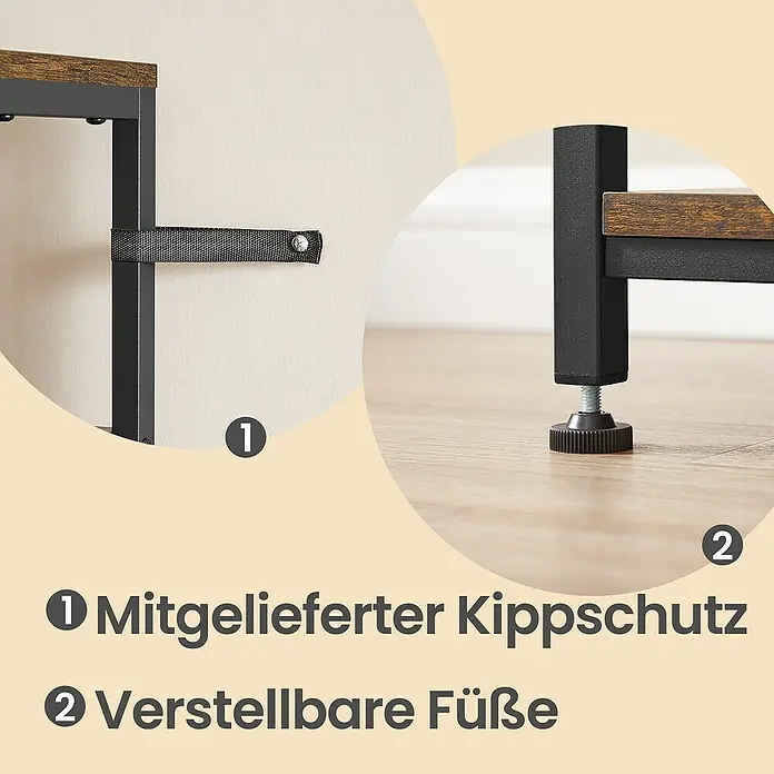 Stufenregal Küchenregal - H x B x T: 167 x 80 x 40 cm, Anzahl Böden: 5 Stk., Schwarz/Braun - Möbelsicherheitsmerkmale: schwarze Kippsicherung zur Wandbefestigung und verstellbare Nivellierfüße auf dem Boden.