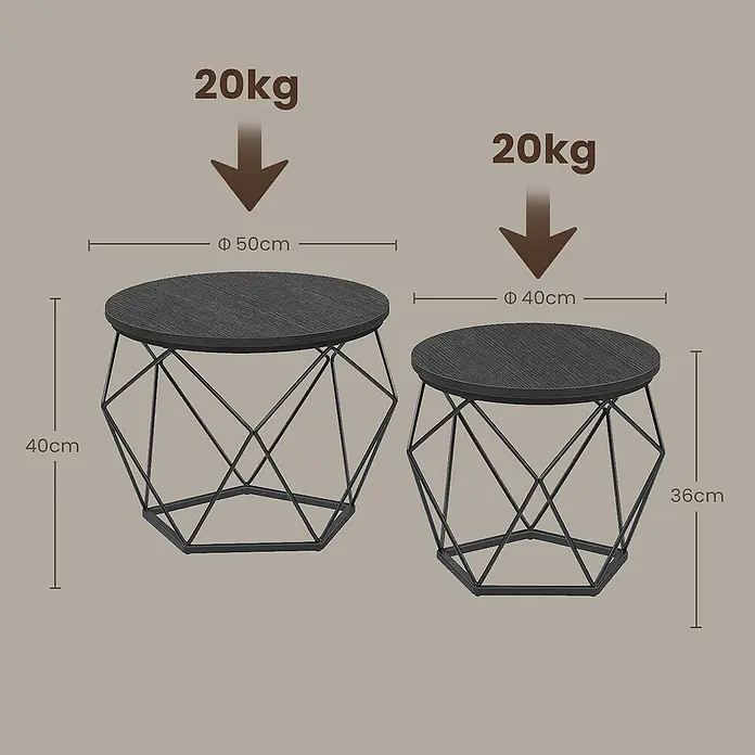 Couchtisch Set - Grau/Schwarz, 2 -tlg. - Zwei dunkelgraue Couchtische mit Holzoptik und schwarzen geometrischen Metallgestellen. Der große Tisch ist Ø50x40cm, der kleine Ø40x36cm, jeweils 20kg tragend.
