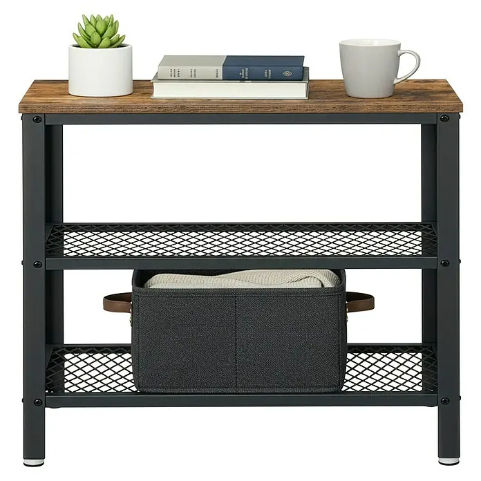 Beistelltisch - L x B x H: 30 x 60 x 60 cm, Anzahl Böden: 2 Stk. - Industrielles Regal mit rustikaler Holzplatte, schwarzem Metallrahmen und zwei Gitterböden zur Aufbewahrung, inklusive dunkelgrauem Stoffkorb.