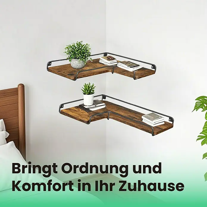 Wandregal-Set - H x B x T: 4 x 40 x 29 cm, Schwarz/Braun, 2 Stk. - Zwei L-förmige Eckregale aus rustikalem Holz und schwarzem Metall, montiert an der Wand, bieten Platz für Pflanzen und Bücher.