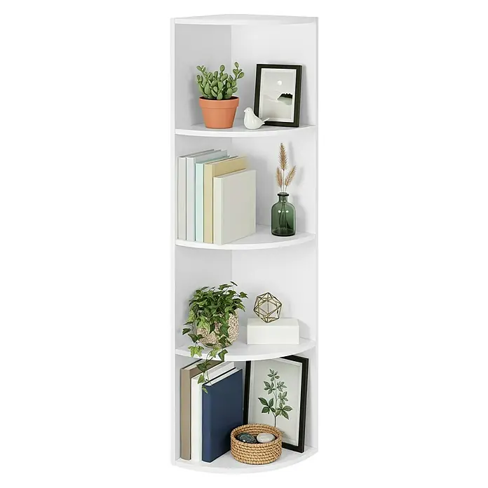Eckregal - H x B x T: 129,5 x 30 x 30 cm, Weiß - Weißes Eckregal mit Pflanzen, Büchern und verschiedenen Dekoartikeln auf seinen gebogenen Ablagen.