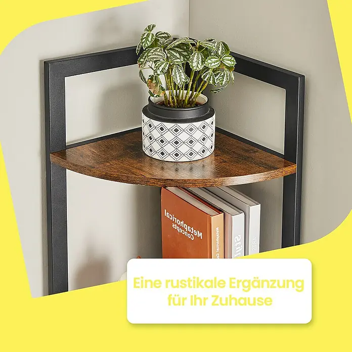 Eckregal - H x B x T: 150 x 30 x 30 cm, Schwarz/Braun - Rustikales Eckregal aus dunklem Holz und schwarzem Metall, mit Pflanze und Büchern in einer Zimmerecke.