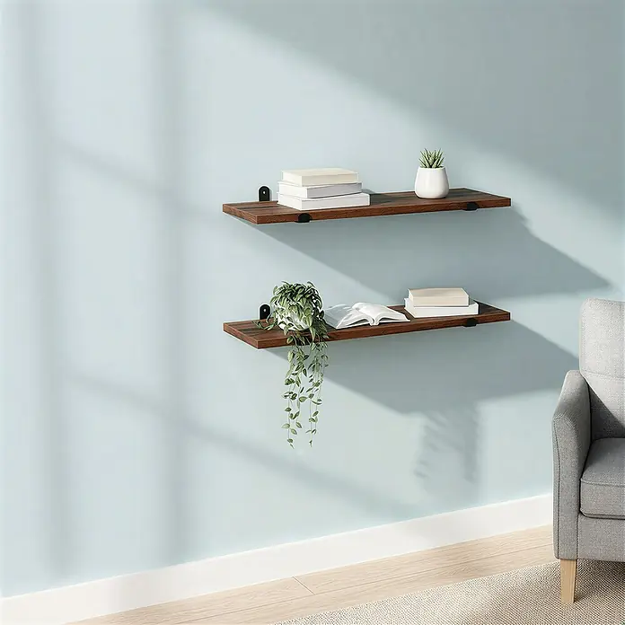 Wandregal-Set - B x T x H: 60 x 20 x 7 cm, Braun/Schwarz, 2 -tlg. - Zwei dunkelbraune Holz-Wandregale mit schwarzen Metallhalterungen, dekoriert mit Büchern und Pflanzen an einer hellblauen Wand.