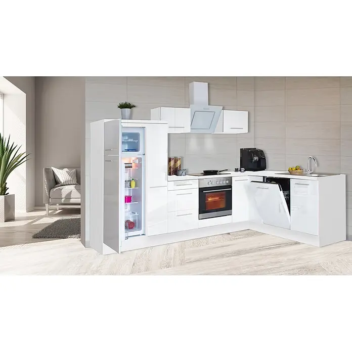 Respekta Premium Cocina esquinera Amanda - An x Pr: 290 x 200 cm, Blanco, Con electrodomésticos - Cocina modular blanca brillante en L con nevera, horno, lavavajillas, fregadero y cafetera integrados, en un espacio luminoso.