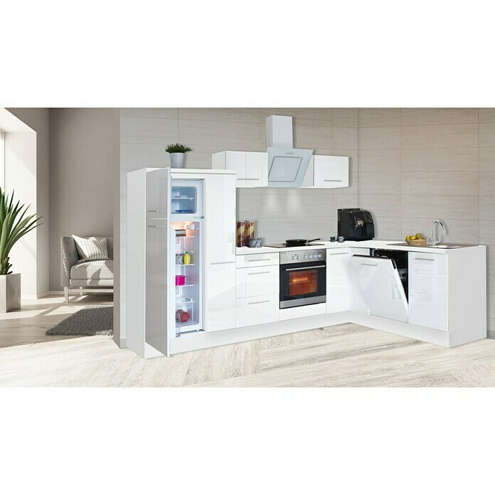 Respekta Premium Cocina esquinera (200 x 290 cm, Con dispositivos eléctricos, Blanco de alto brillo)