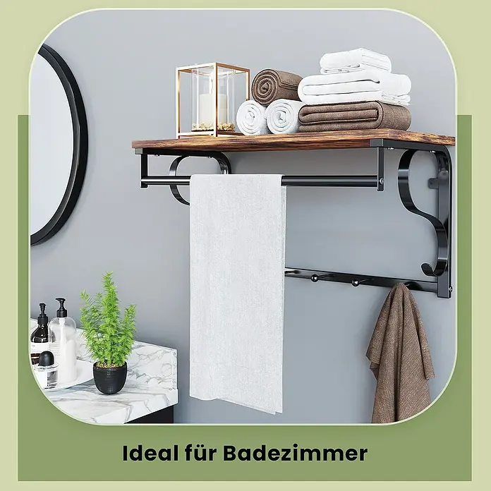 Garderobenpaneel - L x B x H: 30 x 60 x 31,7 cm, Schwarz/Braun - Wandmontiertes Badregal mit Holzplatte, schwarzem Metallrahmen, Handtuchstange und Haken, mit gefalteten Handtüchern.
