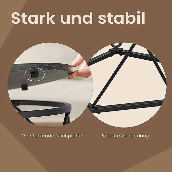 Couchtisch Set - Grau/Schwarz, 2 -tlg. - Details eines schwarzen Tisches: verstärkte Platte mit Stopper und robuste schwarze Metallrahmenverbindungen sorgen für Stabilität.