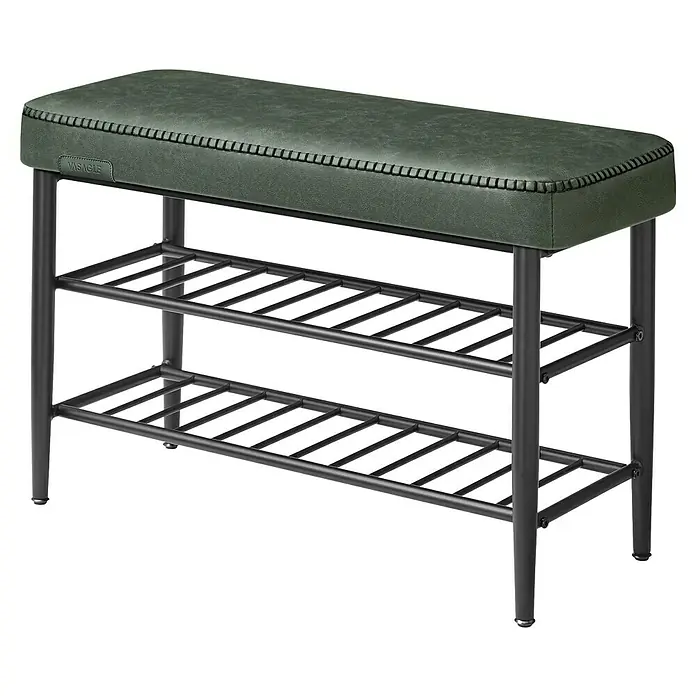 Schuhbank - L x B x H: 30 x 80 x 50 cm, Schwarz/Grün - Grüne gepolsterte Schuhbank mit zwei schwarzen Metallgitterregalen.