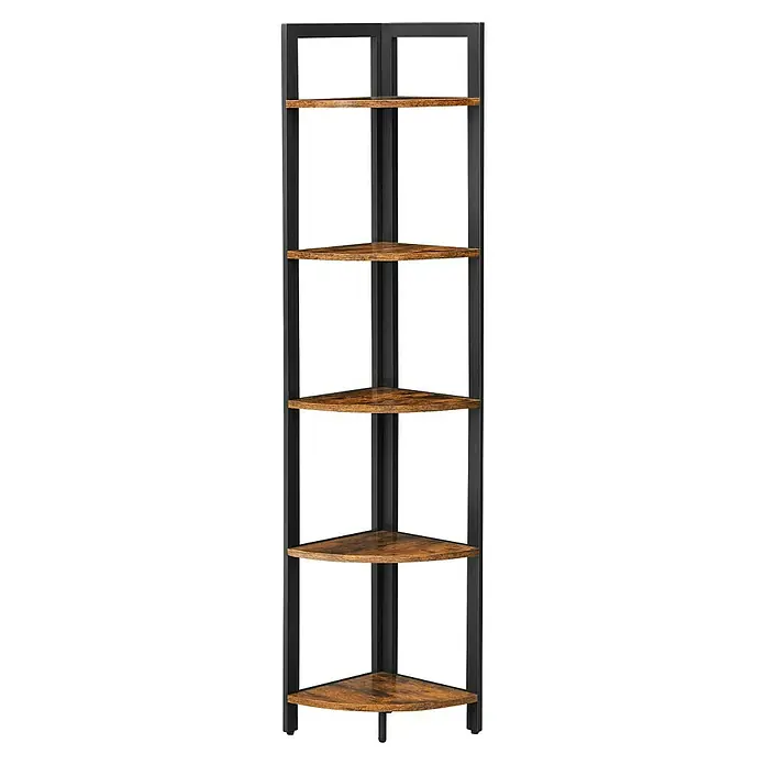 Eckregal - H x B x T: 150 x 30 x 30 cm, Schwarz/Braun - Fünfstufiges Eckregal mit schwarzem Metallrahmen und rustikalen braunen Holzregalböden.