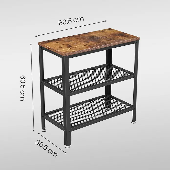 Beistelltisch - L x B x H: 30 x 60 x 60 cm, Anzahl Böden: 2 Stk. - Kleine Ablage im Industrial-Stil mit rustikaler Holzplatte, schwarzem Metallgestell und Gitterböden, mit Maßen.