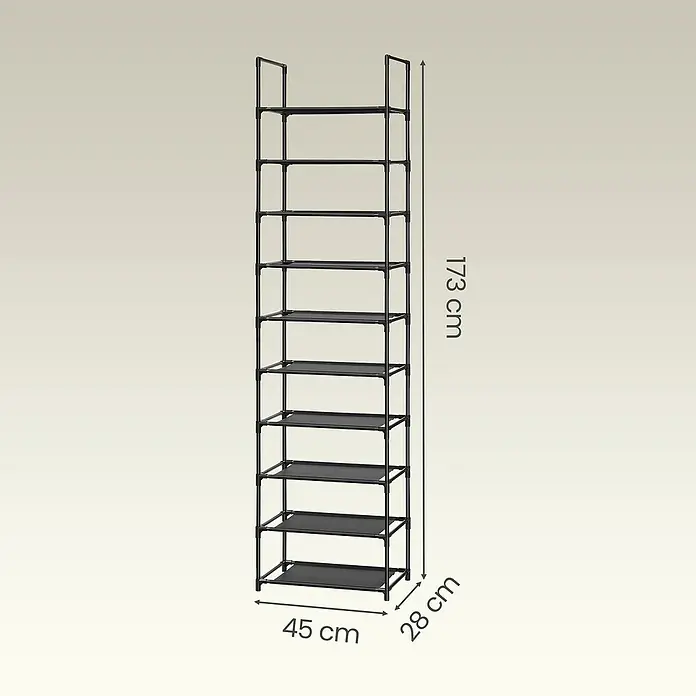 Schuhregal - L x B x H: 28 x 45 x 173 cm, Schwarz - Hohes, schmales schwarzes 10-stöckiges Metall- und Stoffregal, 173x45x28 cm, ideal für Schuhe.