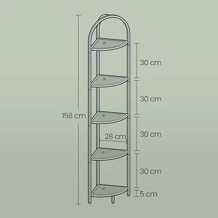 Eckregal - H x B x T: 158 x 28 x 28 cm, Gold - Hohes, 158 cm Metall-Eckregal mit 5 dreieckigen Böden, 28 cm tief, im Abstand von 30 cm.