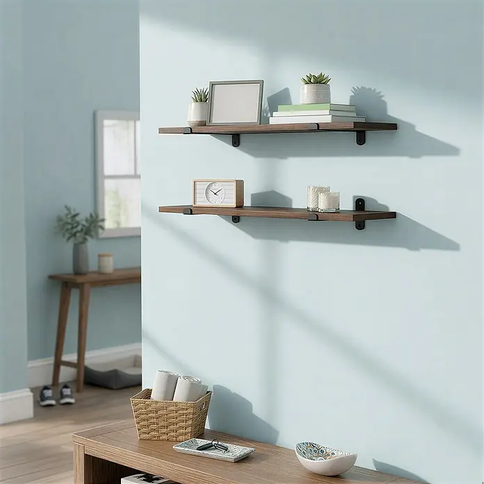 Wandregal-Set - B x T x H: 60 x 20 x 7 cm, Braun/Schwarz, 2 -tlg. - Zwei dunkelbraune schwebende Wandregale mit schwarzen Halterungen, dekoriert mit Pflanzen, Büchern, Uhr und Kerzen.