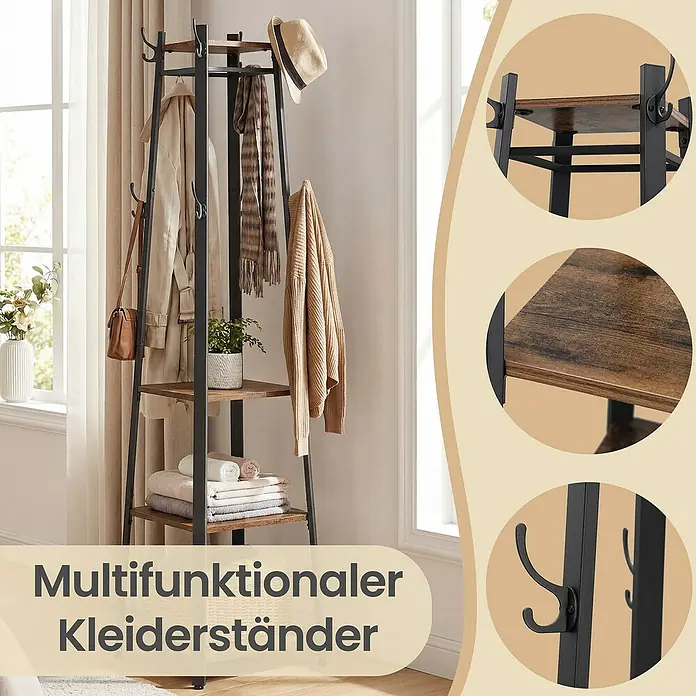 Garderobenständer - L x B x H: 43 x 43 x 180 cm, Schwarz/Braun, Anzahl Haken: 8 Stk. - Multifunktionaler Kleiderständer mit schwarzem Metallgestell und rustikalen Holzregalen, bietet Haken zum Aufhängen und Ablagen.