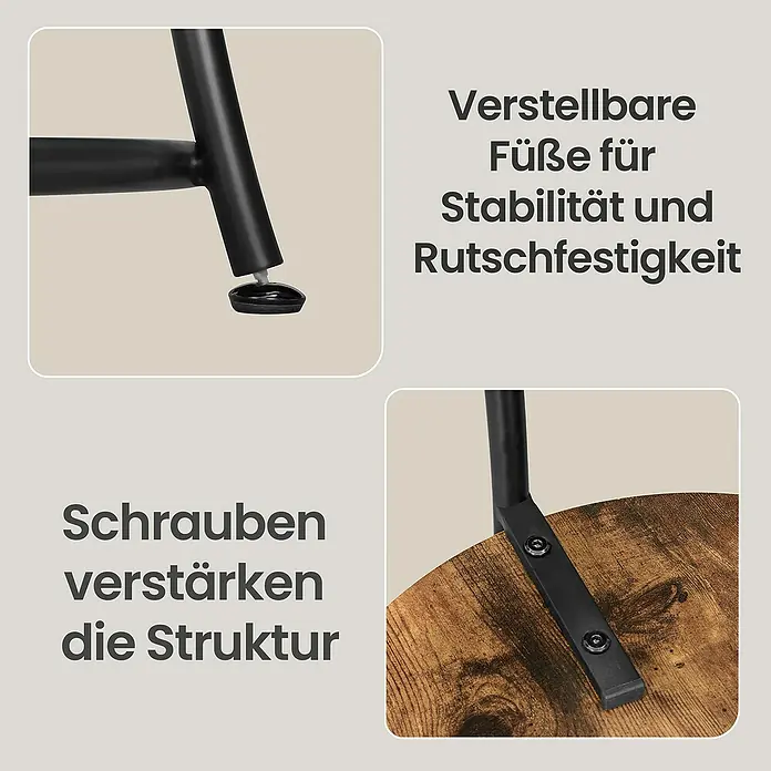Beistelltisch - Ø x H: 55 x 55 cm, Schwarz/Braun - Schwarzmetallmöbelbeine mit verstellbaren rutschfesten Füßen und Schrauben, die die Struktur mit einer rustikalen Holzplatte verstärken.