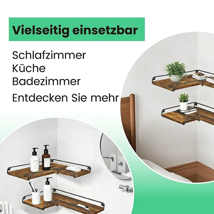 Wandregal-Set - H x B x T: 4 x 40 x 29 cm, Schwarz/Braun, 2 Stk. - Eckregale aus rustikalem Holz und schwarzem Metall, im Schlafzimmer und Bad installiert, mit diversen Gegenständen.