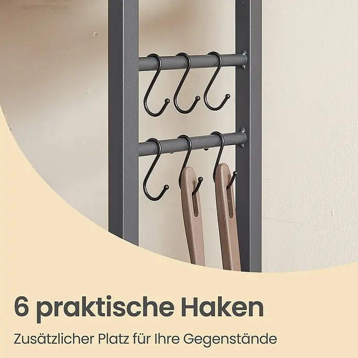 Stufenregal Küchenregal - H x B x T: 167 x 80 x 40 cm, Anzahl Böden: 5 Stk., Schwarz/Braun - Sechs schwarze S-Haken an grauen Metallstangen, zwei halten braune Utensilien. Praktischer Hängespeicher.