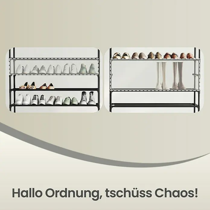 Schuhregal - L x B x H: 28 x 45 x 173 cm, Schwarz - Zwei schwarze, mehrstöckige Schuhregale zur effizienten Organisation verschiedener Schuhe und Stiefel.