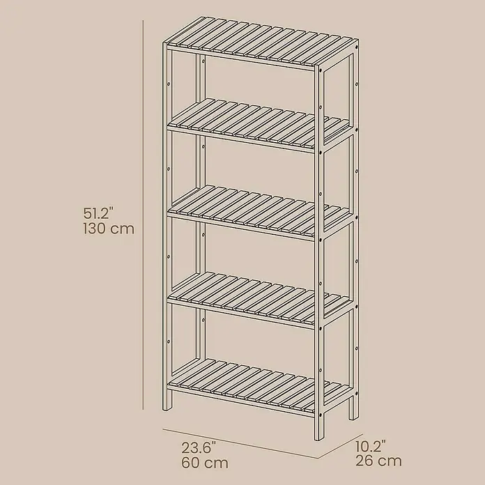 Holzregal - H x B x T: 130 x 60 x 26 cm, Traglast pro Boden: 10 kg, Anzahl Böden: 5 Stk., Braun - Ein 5-stöckiges Holzregal mit Lattenrosten. Maße: 130 cm H x 60 cm B x 26 cm T.