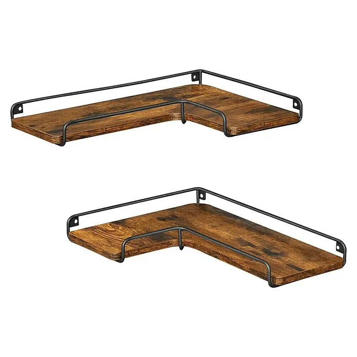 Wandregal-Set - H x B x T: 4 x 40 x 29 cm, Schwarz/Braun, 2 Stk. - Zwei L-förmige Wand-Eckregale aus rustikalem braunem Holz mit schwarzem Metallgeländer.