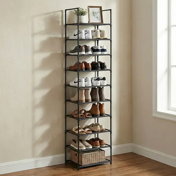 Schuhregal - L x B x H: 28 x 45 x 173 cm, Schwarz - Hohes schwarzes Metallschuhregal mit 10 Fächern, gefüllt mit Schuhen, Stiefeln und Sandalen, und einem geflochtenen Korb unten.