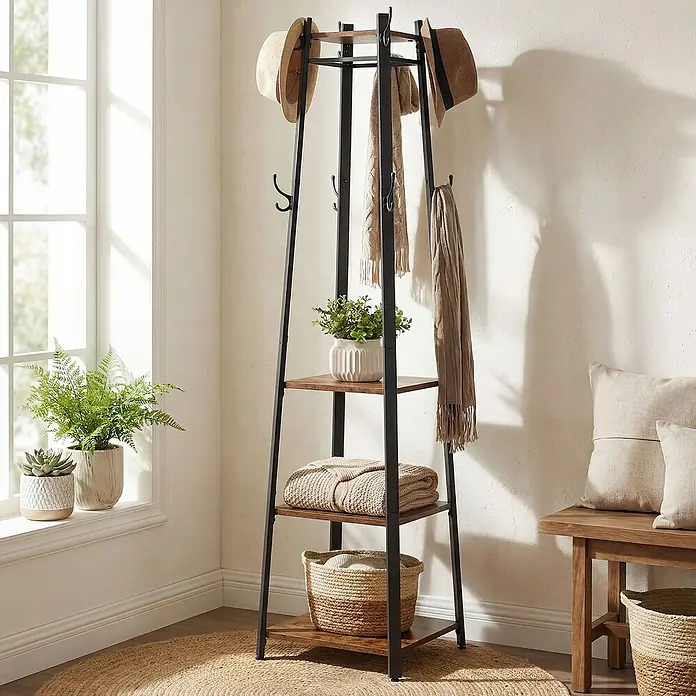 Garderobenständer - L x B x H: 43 x 43 x 180 cm, Schwarz/Braun, Anzahl Haken: 8 Stk. - Schwarze Garderobe aus Metall mit Holzablagen und Haken, für Hüte, Schals, Pflanzen und Decken.
