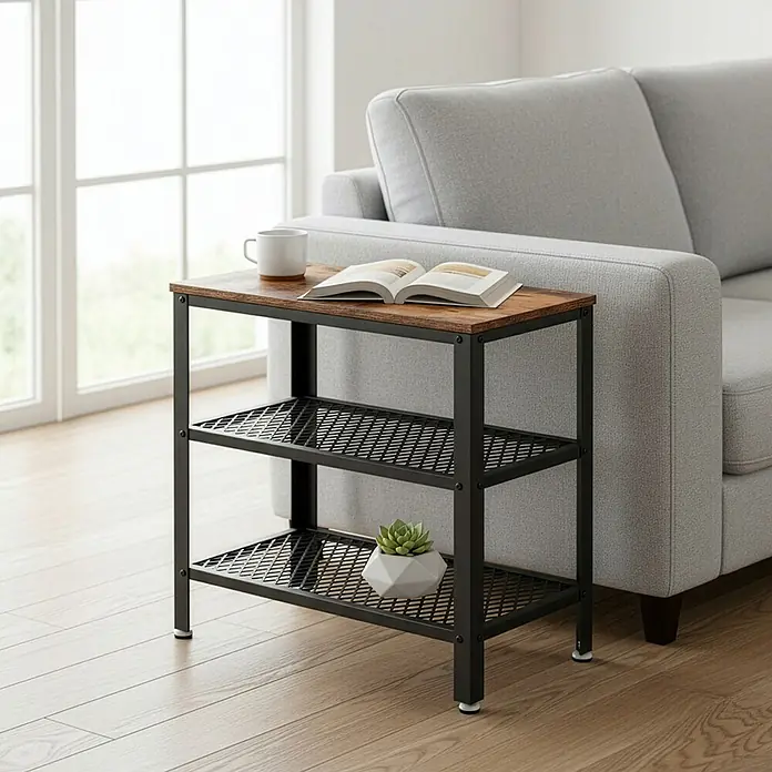 Beistelltisch - L x B x H: 30 x 60 x 60 cm, Anzahl Böden: 2 Stk. - Schmaler Beistelltisch im Industriedesign mit brauner Holzplatte und schwarzen Metallgitterböden neben einem hellgrauen Sofa, mit Tasse und Buch.