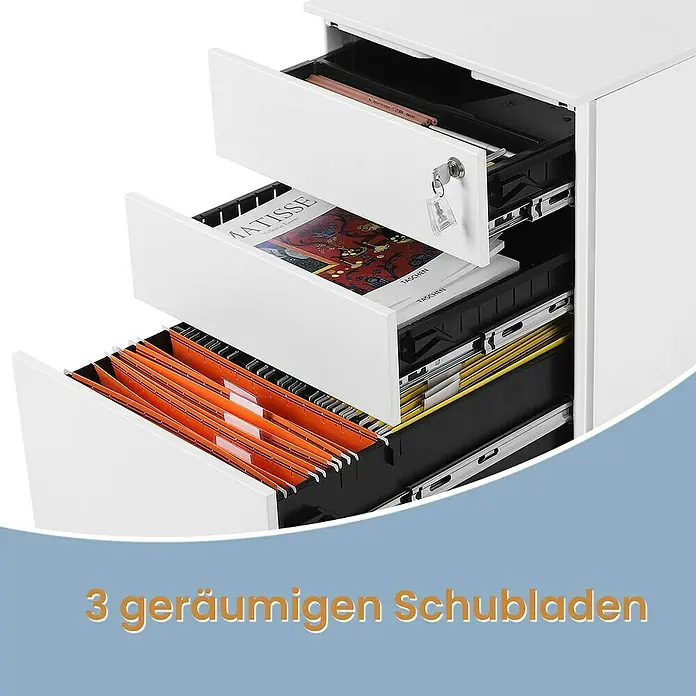 Rollcontainer - L x B x H: 52 x 39 x 60 cm, Weiß, Anzahl Schubladen: 3 Stk. - Weißer Aktenschrank aus Metall mit drei geöffneten Schubladen, die Akten, Bücher und Büromaterial zeigen.