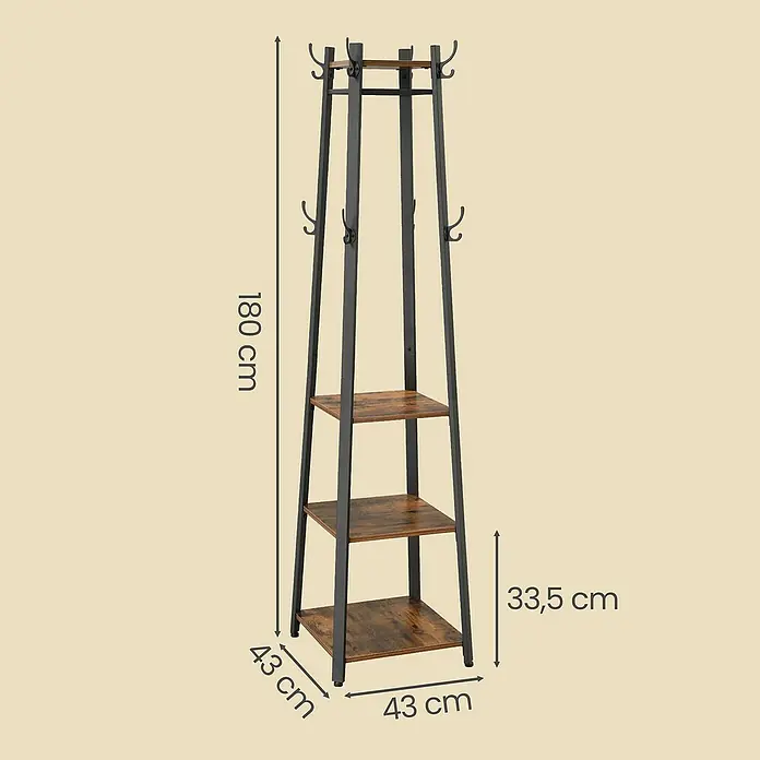 Garderobenständer - L x B x H: 43 x 43 x 180 cm, Schwarz/Braun, Anzahl Haken: 8 Stk. - Hohe Garderobe mit dunklem Metallrahmen und Holzoptik-Ablagen. Mit Haken für Mäntel und drei Regalböden, 180 cm hoch.