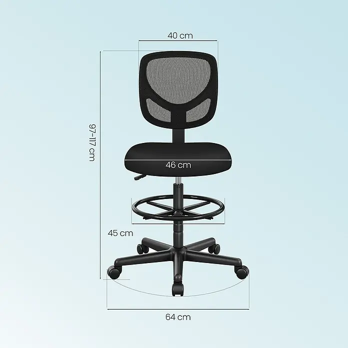 Bürostuhl mit Fußstütze - Höhenverstellung: 98,5 cm - 117,5 cm, B x L: 64 x 64 cm, Schwarz - Schwarzer hoher Bürostuhl aus Netzstoff und Stoff mit Fußstütze, Rollen und Maßangaben.
