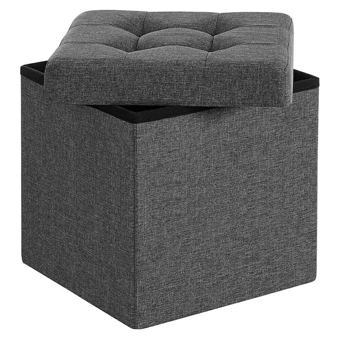 Hocker mit Stauraum - L x B x H: 38 x 38 x 38 cm, Grau - Grauer Stoff-Aufbewahrungshocker mit leicht geöffnetem, gestepptem Deckel und dunklem Innenraum.